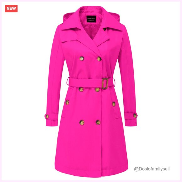 Jackets & Blazers - Long Trench Coat Double-Breasted Classic Lapel Slim Fit Belted Detachable Hood